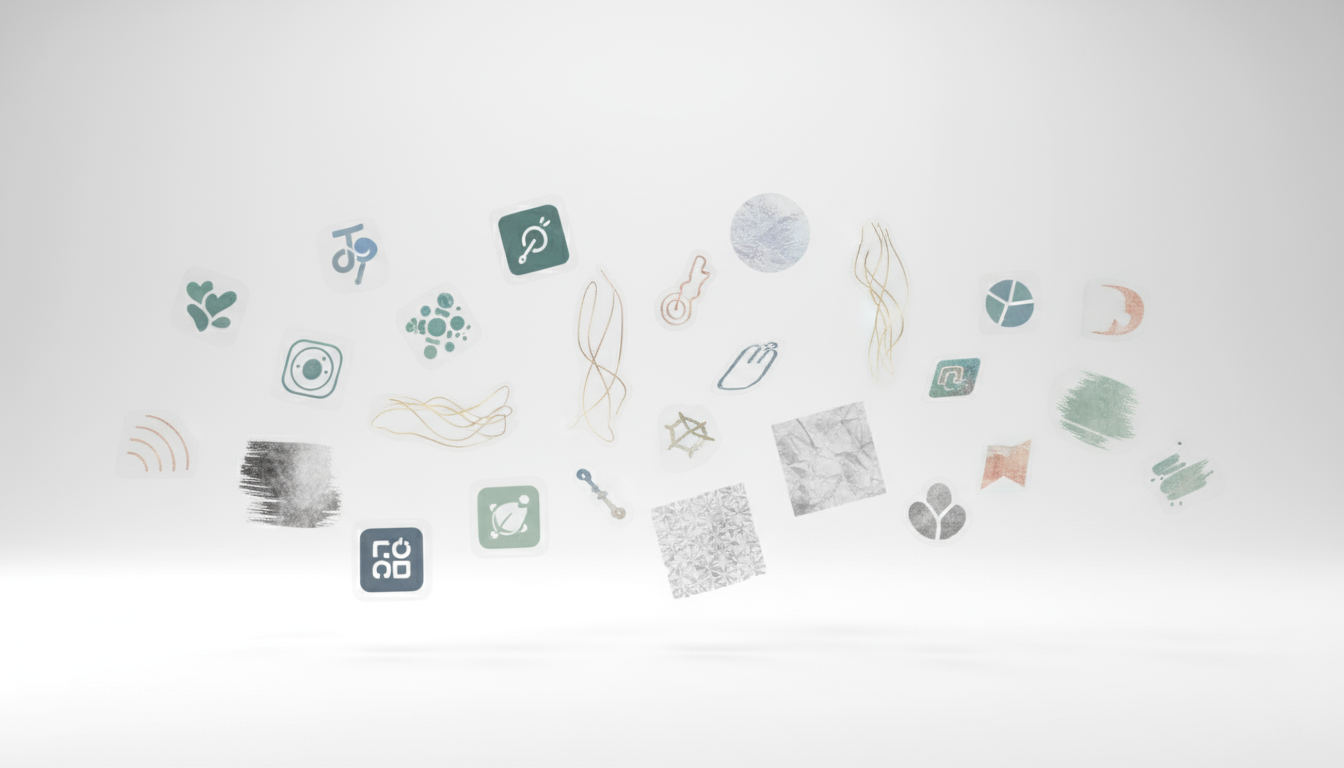 아이콘과 일러스트레이션 같은 다양한 투명 PNG 그래픽 요소들이 떠다니는 모습.