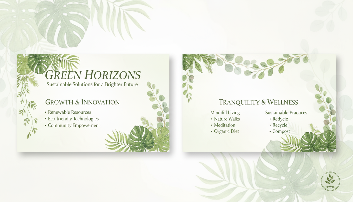 무성한 녹색 잎사귀와 부드러운 식물 삽화가 밝고 시원한 배경에 담겨 평온함과 성장을 상징하는 자연 테마 PPT 템플릿입니다.