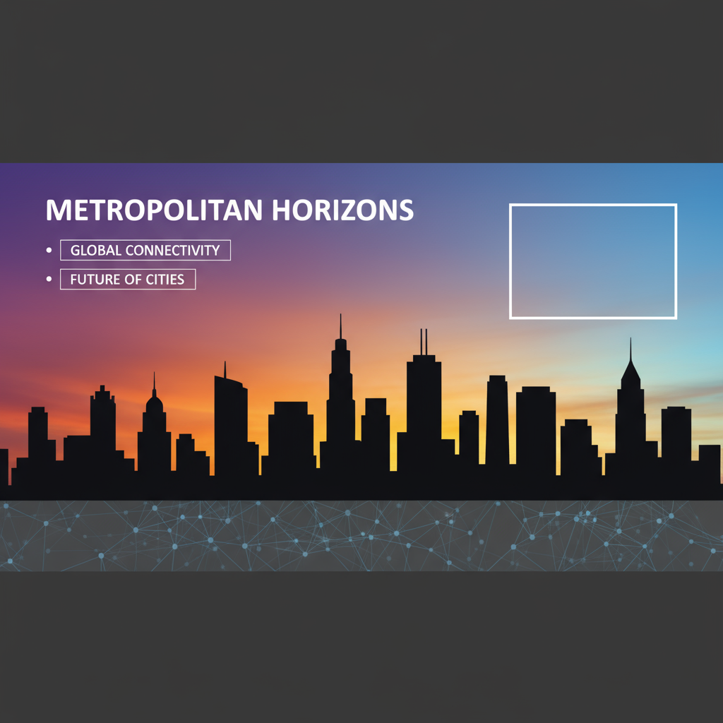 그라데이션 노을 또는 일출 하늘을 배경으로 실루엣 건물들이 특징인 도시 스카이라인 PPT 템플릿으로, 전문적이고 도시적인 느낌을 줍니다.