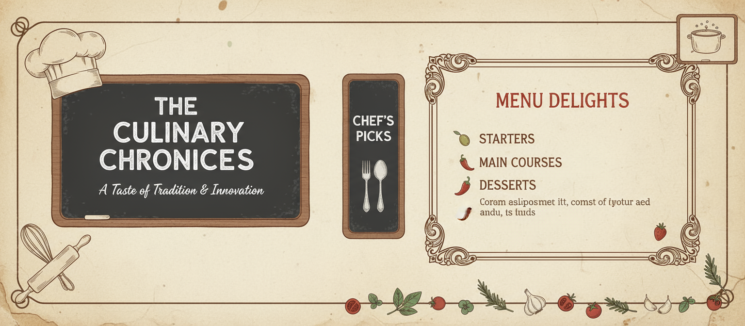 미묘한 기발한 요리 일러스트레이션과 따뜻한 빨강, 갈색, 크림색 색상 팔레트를 특징으로 하는 먹음직스러운 음식 및 레스토랑 발표 템플릿.