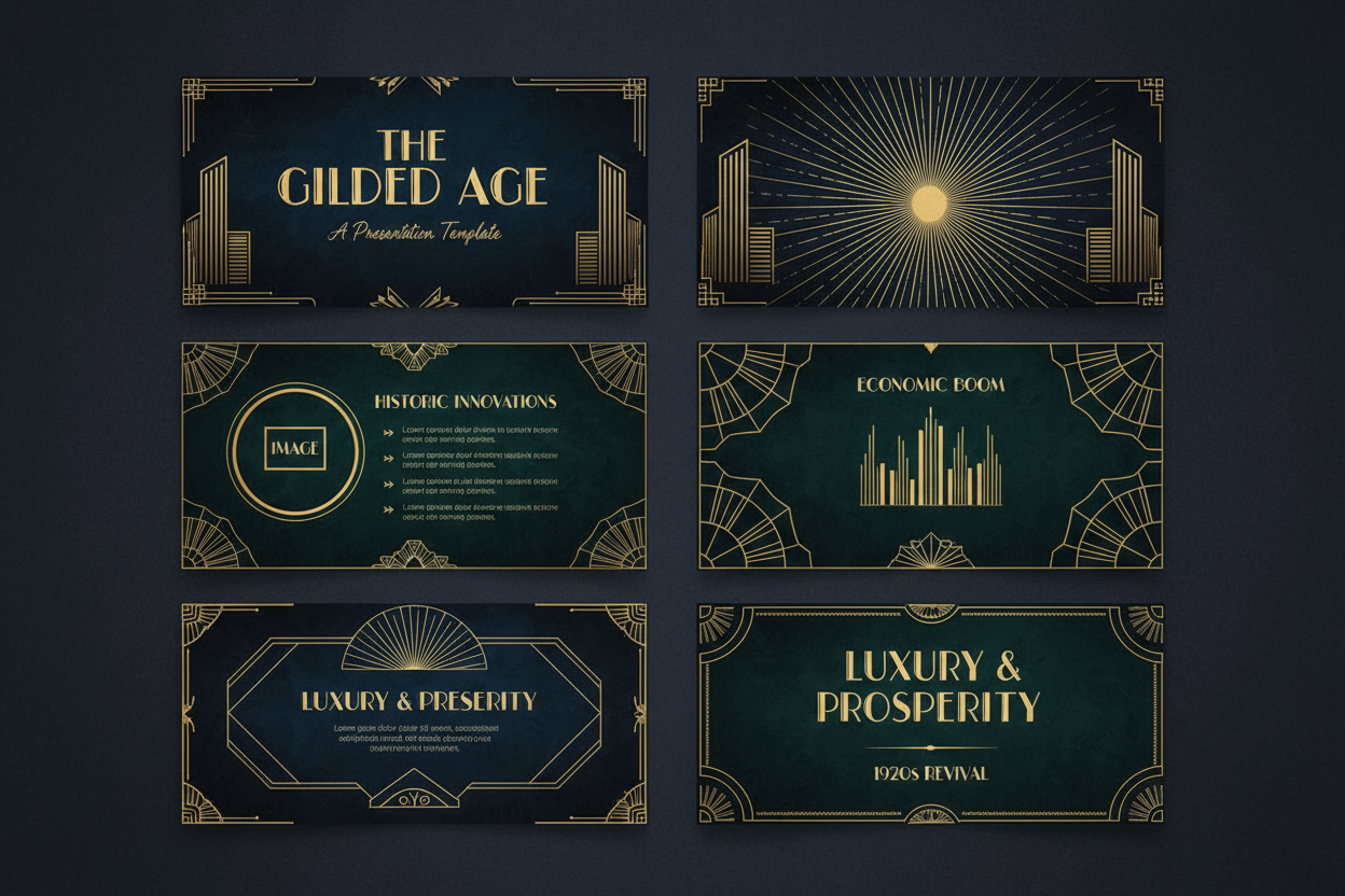 우아한 금색 선, 대칭 패턴, 풍부한 어두운 배경으로 1920년대의 웅장함을 담아낸 아르데코 스타일 PPT 템플릿입니다.