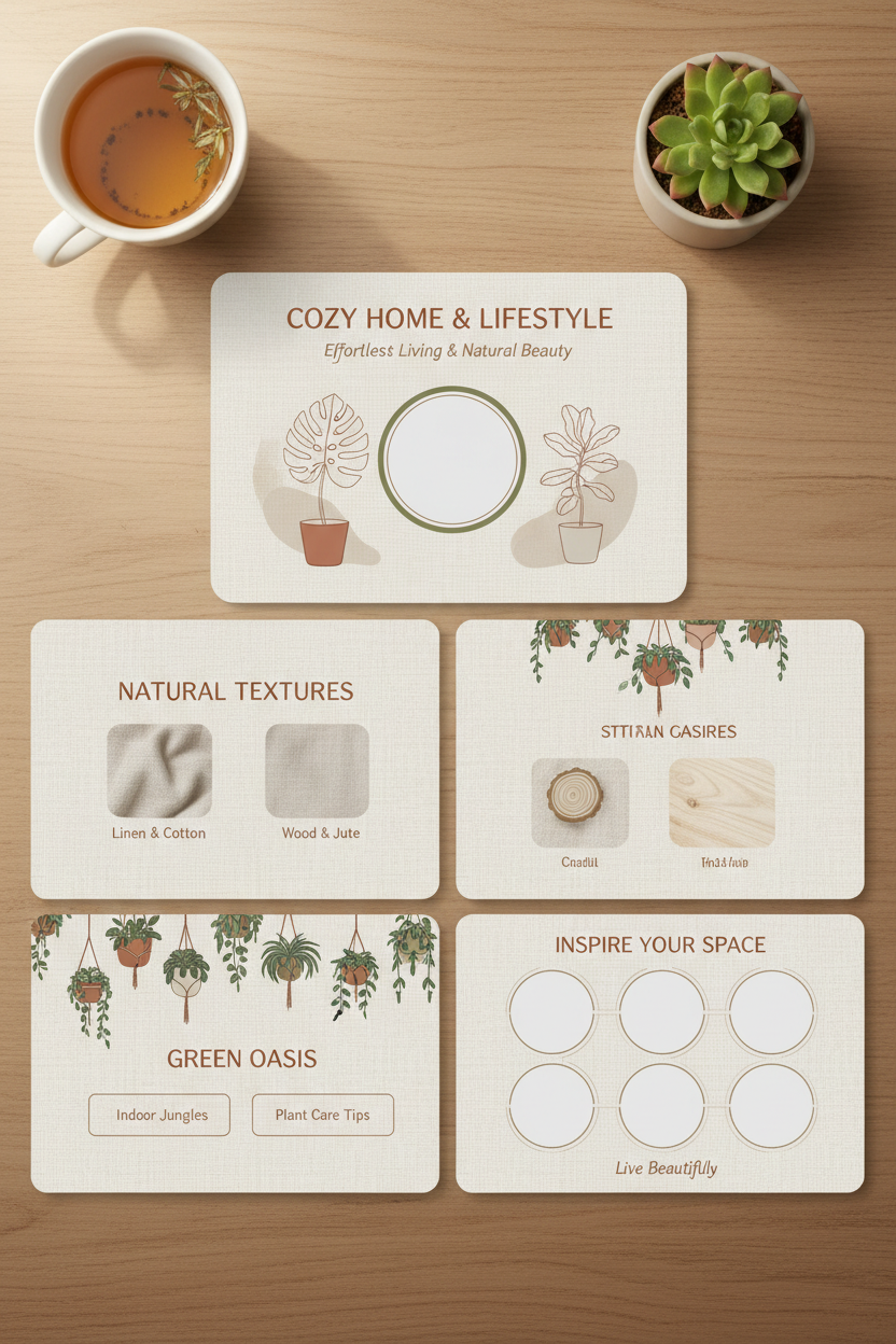 리넨과 나무 질감, 식물 일러스트레이션, 따뜻한 베이지 및 테라코타 팔레트가 있는 아늑한 라이프스타일 템플릿입니다.