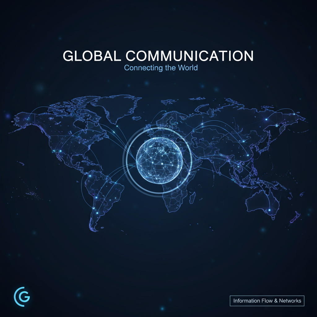 세계 지도를 형성하는 상호 연결된 빛나는 선으로 전 세계적인 연결과 정보 흐름을 상징하는 글로벌 커뮤니케이션 PPT 템플릿 (어두운 배경).