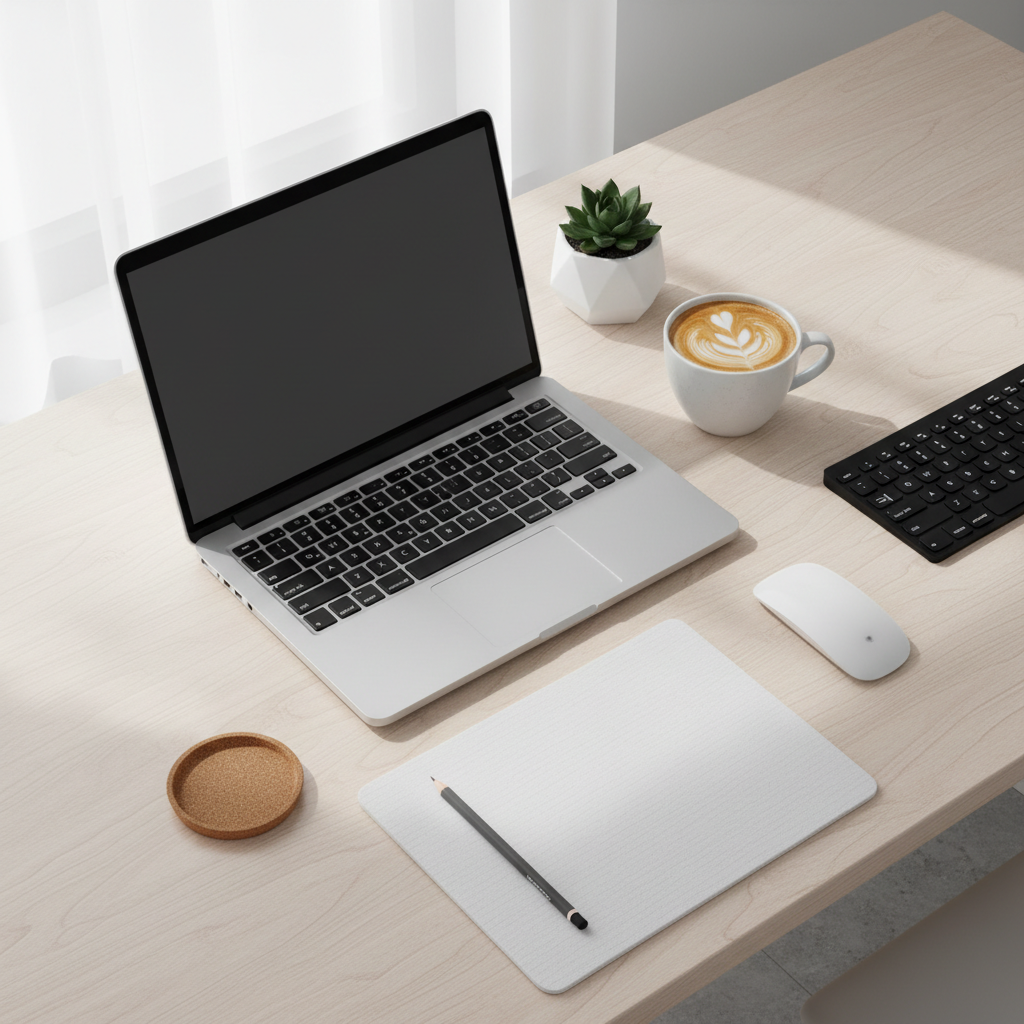 노트북, 커피잔, 사무용품이 있는 데스크탑 작업 공간 목업 이미지.