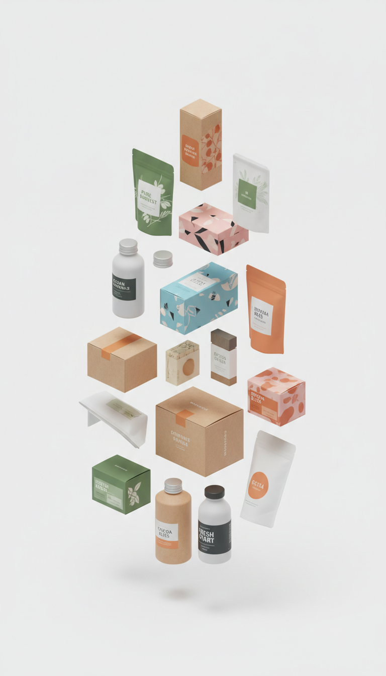 다양한 종류의 상자, 파우치, 병 패키징 목업들이 흰색 배경에 떠 있는 모습 (등각 투영).