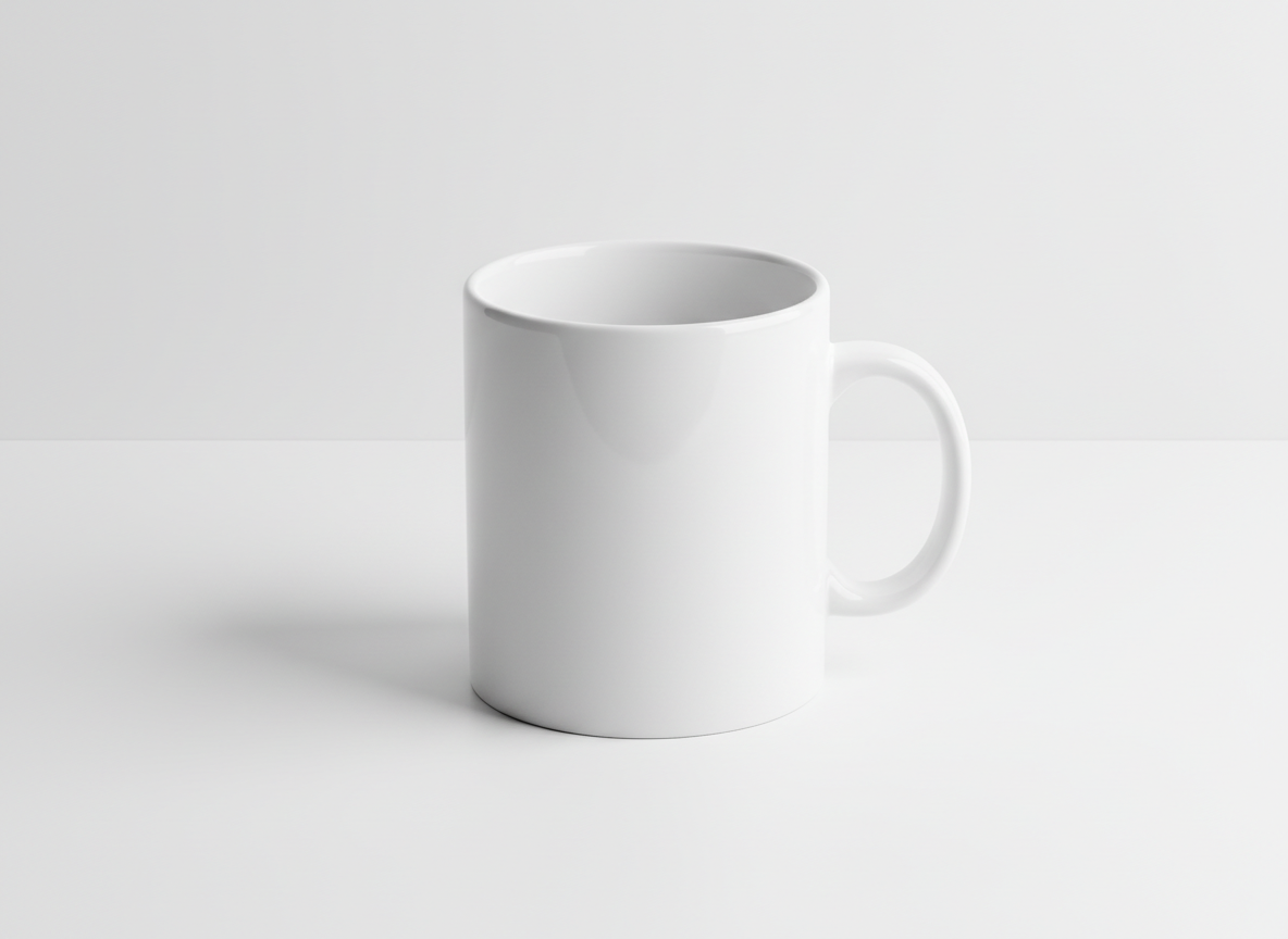평평한 흰색 표면에 놓인 흰색 세라믹 커피잔 목업.