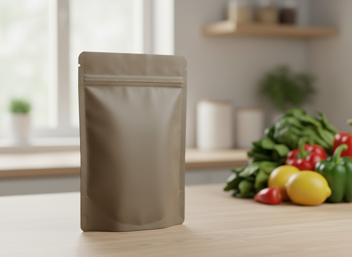 빈 무광 스탠드업 파우치 포장이 흐릿한 농산물 옆의 밝은 나무 주방 카운터에 놓여 있습니다. 식품 브랜딩을 위한 것입니다.