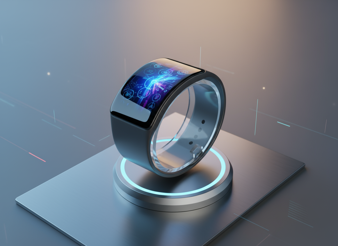 충전 스탠드에 놓인 미래지향적인 스마트워치 목업 이미지.