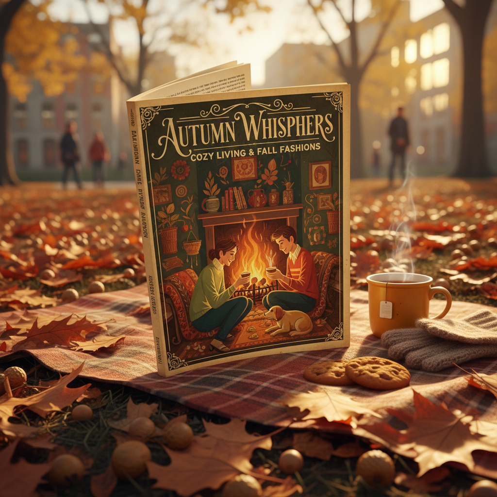 공원의 체크무늬 담요 위에 펼쳐진 빈티지 매거진 표지 목업 이미지.