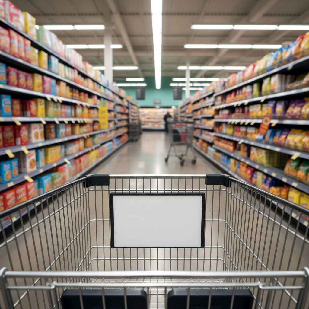 쇼핑 카트 앞면의 빈 광고 공간이 밝게 빛나는 슈퍼마켓 통로에서 보입니다. 소매 광고를 위한 것입니다.