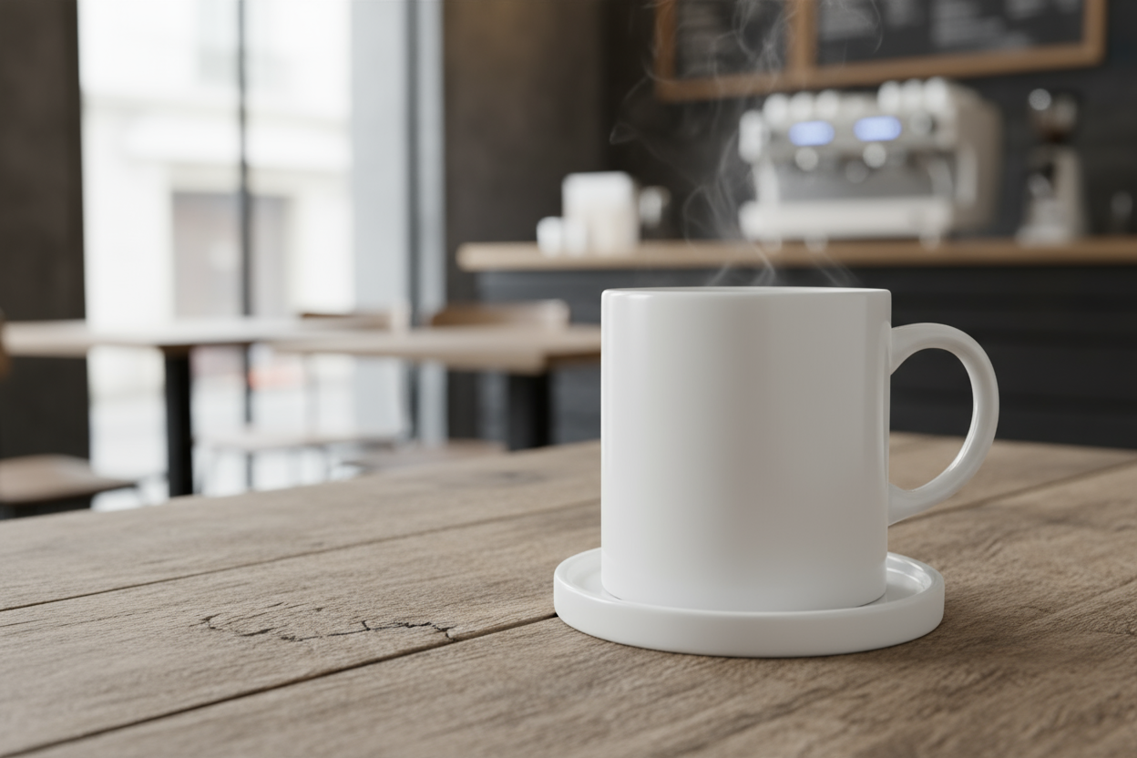 나무 카페 테이블에 놓인 흰색 세라믹 커피잔과 코스터 목업.