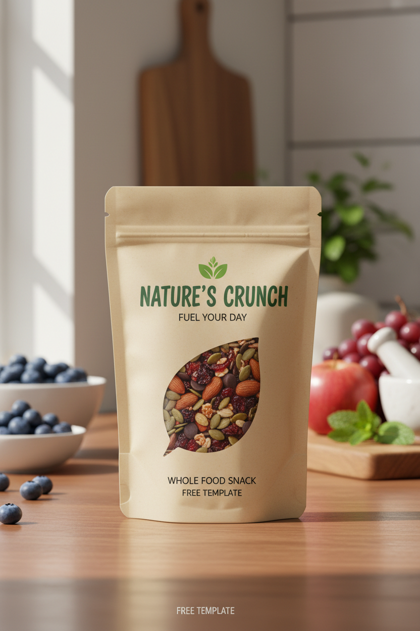 신선한 재료를 배경으로 주방 카운터에 세워진 스낵용 식품 파우치 목업.