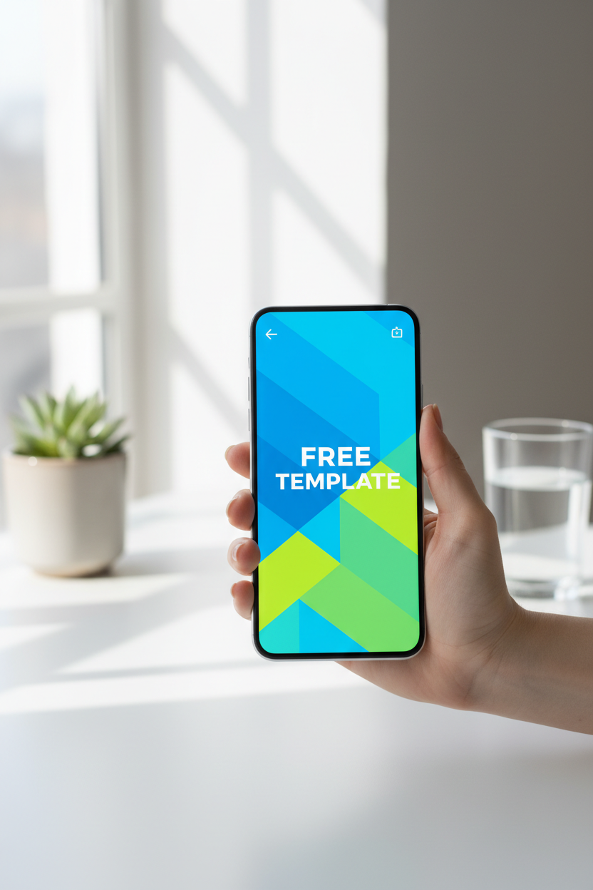 화려한 앱 인터페이스가 표시된 스마트폰 목업이 미니멀리스트 작업 공간에서 손에 들려있는 모습.