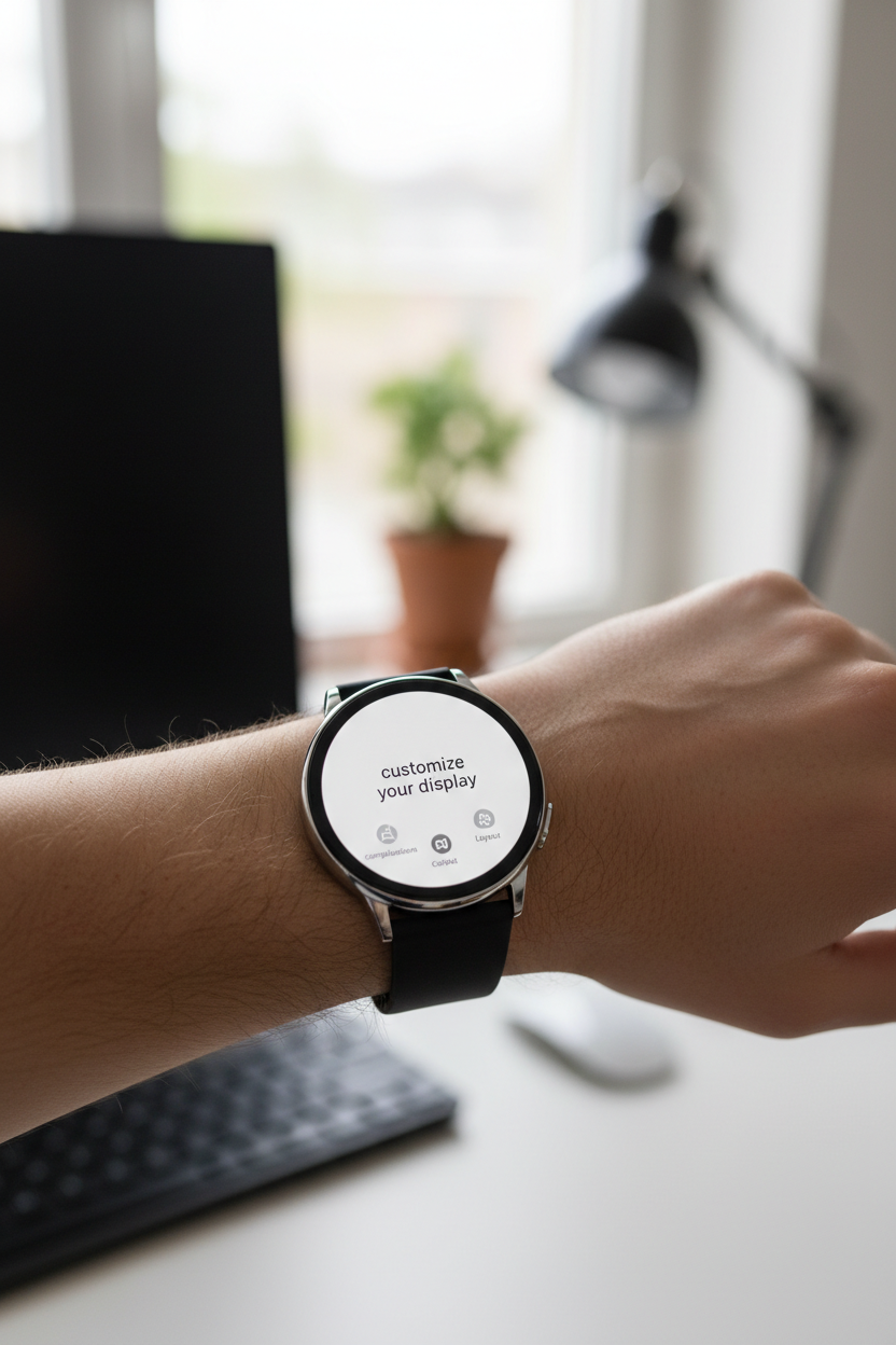 스마트워치 화면이 확대되어 비어 있고 사용자 정의 가능한 인터페이스가 손목에 표시됩니다. 흐릿한 홈 오피스 배경이 있습니다.