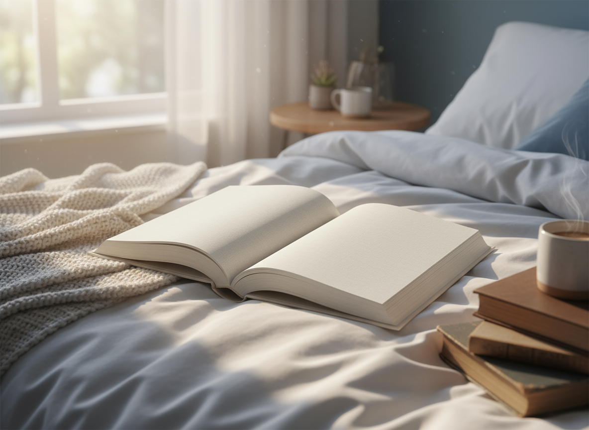 열린 책 표지 목업과 빈 페이지가 침대 위에 놓여있음.