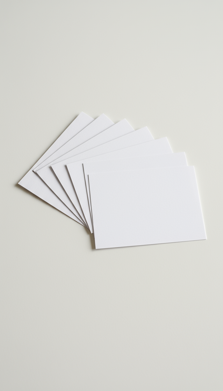 옅은 흰색 표면에 부채꼴 모양으로 배열된 빈 명함.