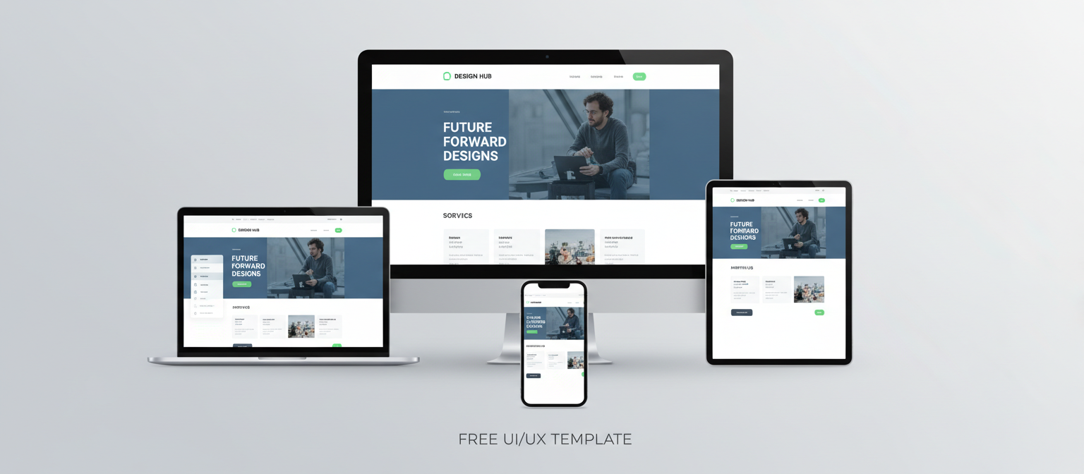 데스크톱, 노트북, 태블릿, 스마트폰 등 다양한 기기에서 반응형 웹 디자인 목업 표시.