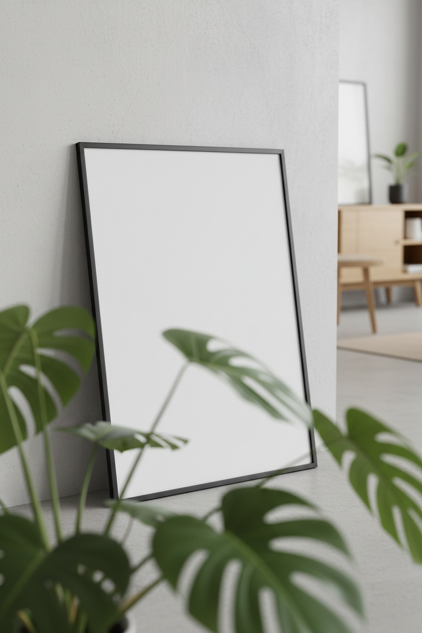 하얀 빈 A4 포스터 프레임이 현대적인 거실의 밝은 회색 벽에 기대어 있습니다. 작품 전시를 위한 모습입니다.