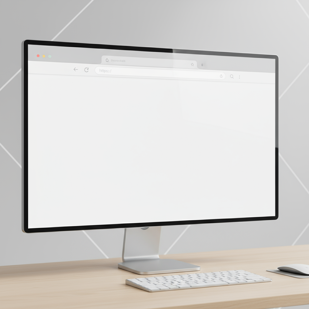 데스크톱 모니터의 깔끔한 웹 브라우저 창에 빈 웹페이지가 URL 표시줄과 함께 표시되어 있습니다. 웹사이트 디자인을 위한 것입니다.