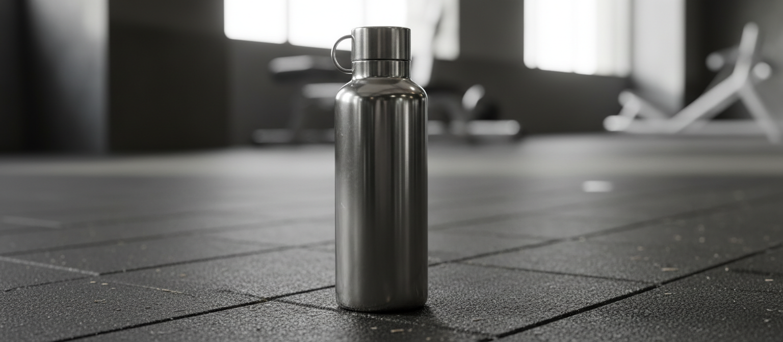 브랜드가 없는 스테인리스 스틸 물병이 헬스장 바닥에 서 있습니다. 스포츠 브랜드를 표시하기에 적합합니다.