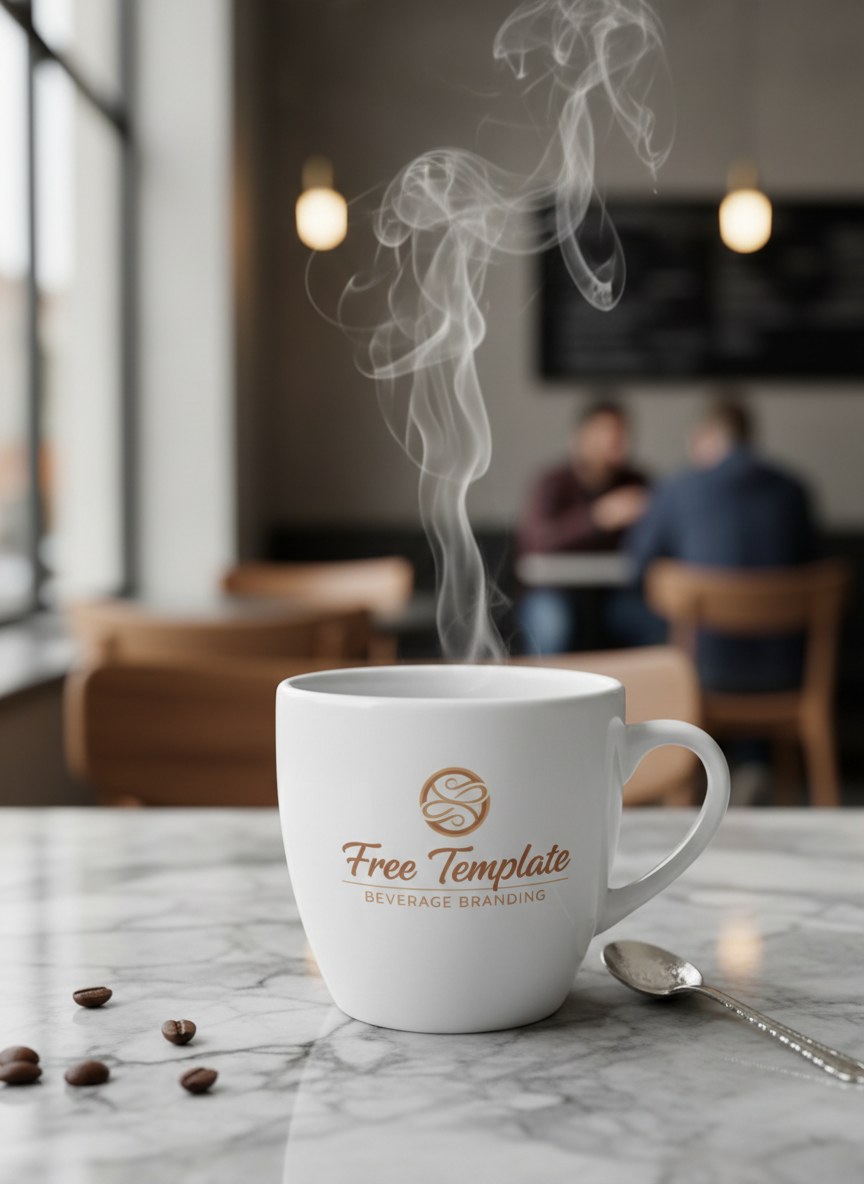 카페 분위기 속 대리석 조리대 위에 놓인 김이 오르는 사실적인 커피 컵 목업.