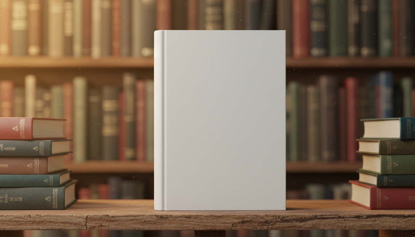 낡은 책장에 빈 표지의 하드커버 책 목업.