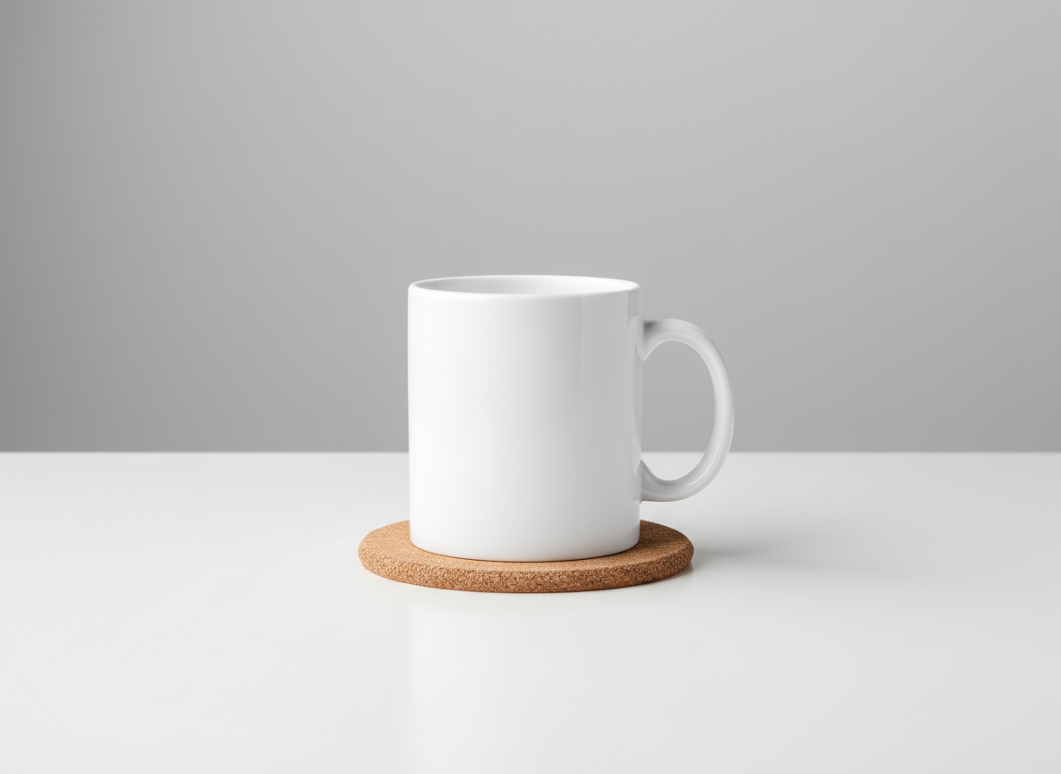 로고를 넣을 수 있는 하얀 세라믹 커피잔이 깔끔한 흰색 책상 위에 코르크 코스터와 함께 놓여 있습니다.