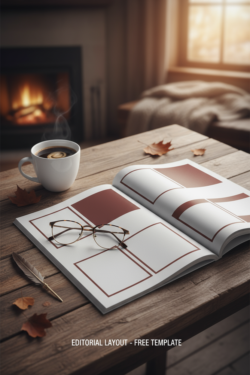 따뜻한 분위기 속 나무 테이블 위에 놓인 펼쳐진 잡지 목업, 커피 한 잔과 안경.
