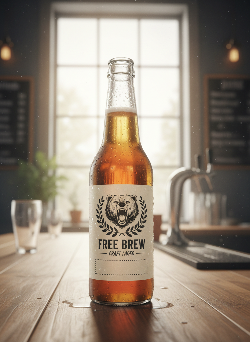 시원한 응결이 맺힌 맥주병 및 라벨 목업, 캐주얼한 바 분위기.