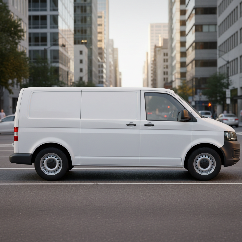 도시 거리에 주차된 흰색 밴의 빈 차량 랩 목업 이미지.