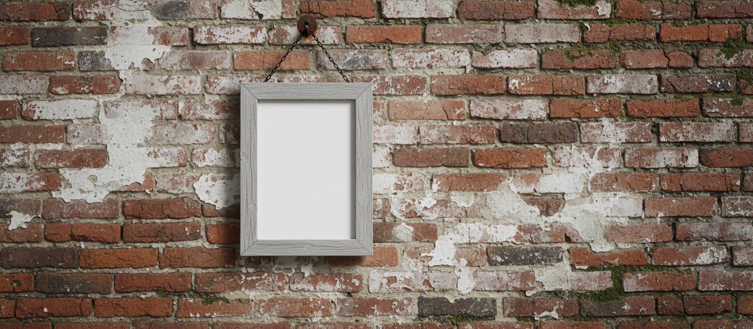낡은 벽돌 벽에 걸린 텅 빈 액자 목업.
