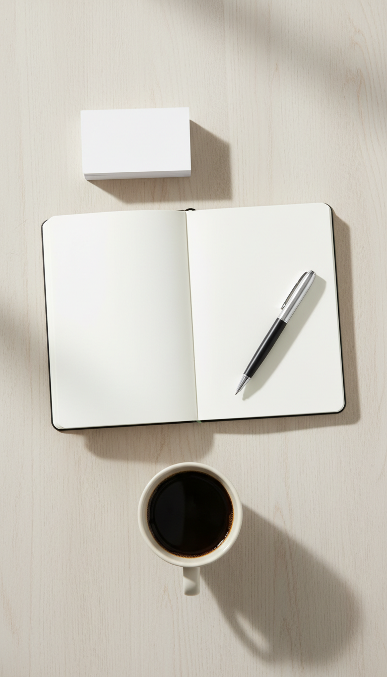 나무 위에 놓인 흰색 명함, 열린 노트북, 펜, 커피잔의 플랫 레이아웃.