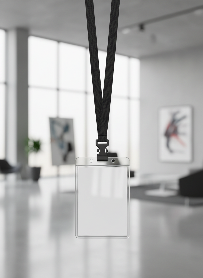 목걸이 줄에 달린 빈 플라스틱 신분증이 흐릿한 사무실 로비 배경 앞에 걸려 있습니다.
