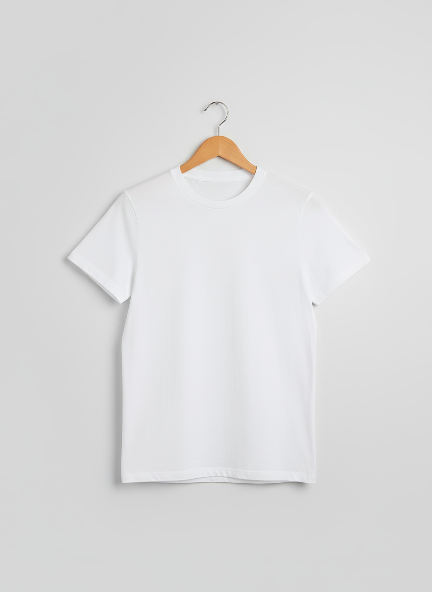 흰색 무지 면 티셔츠가 단순한 나무 옷걸이에 걸려 부드러운 회색 배경 앞에 있습니다. 디자인 준비가 된 모습입니다.