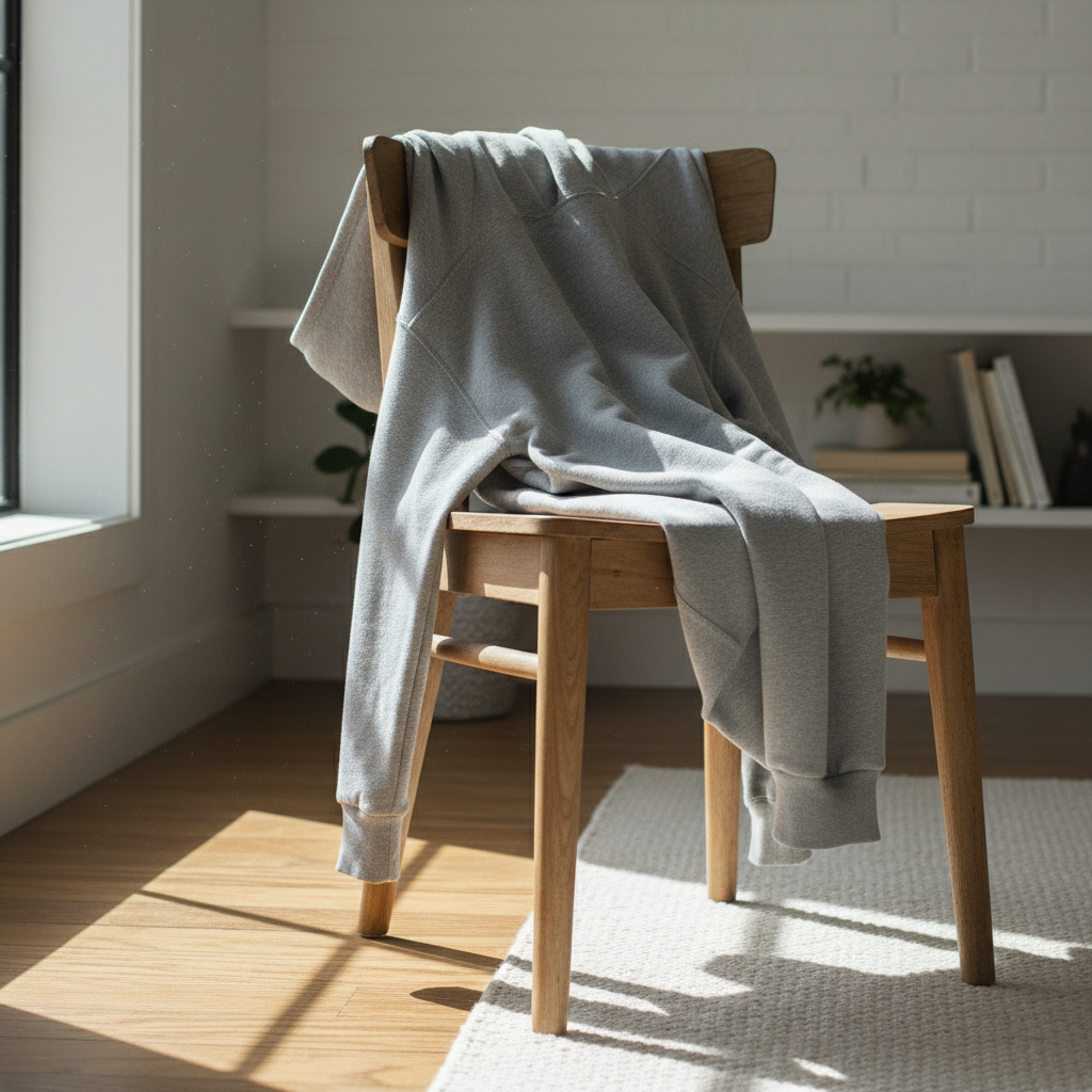 나무 의자 위에 편안하게 걸쳐진 회색 후드티 목업 이미지.