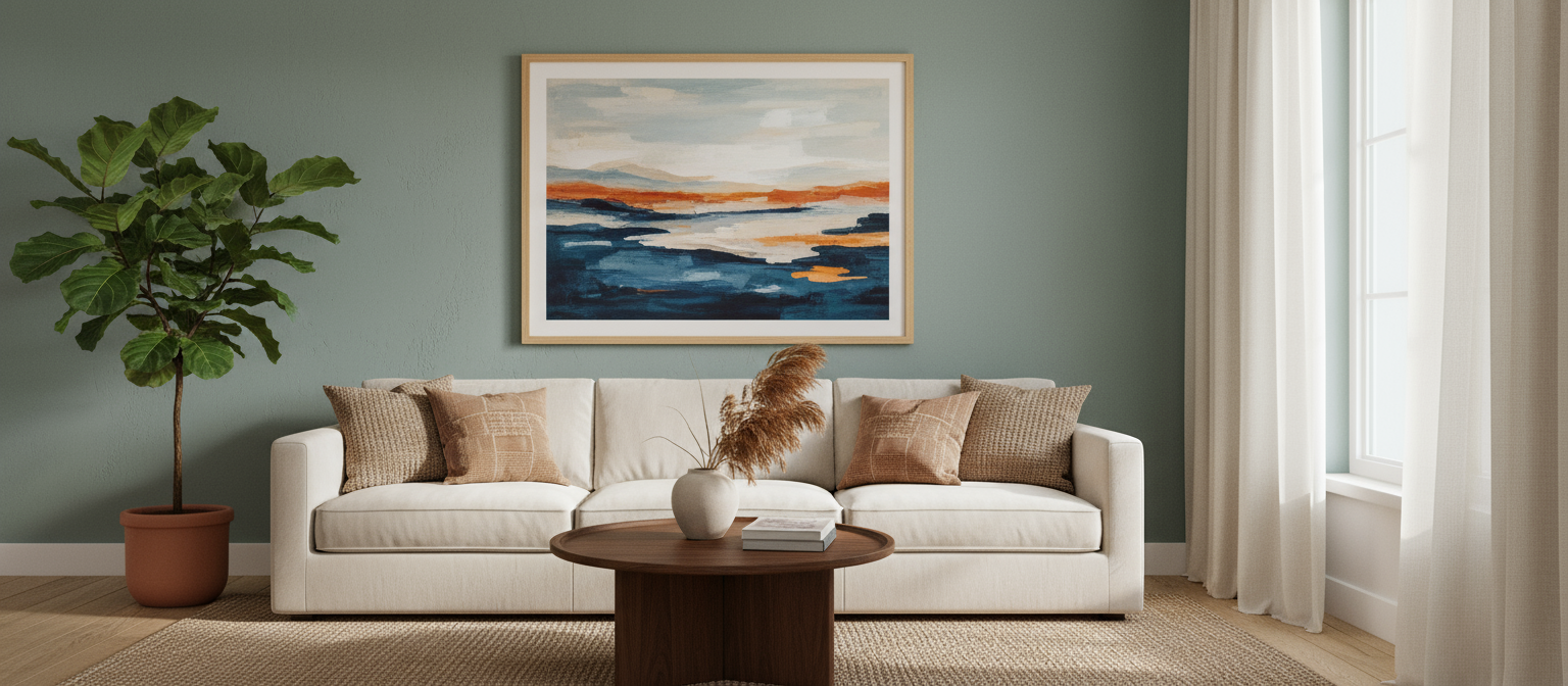 세련된 거실의 액자 벽화 프린트 목업, 편안한 인테리어 장식.