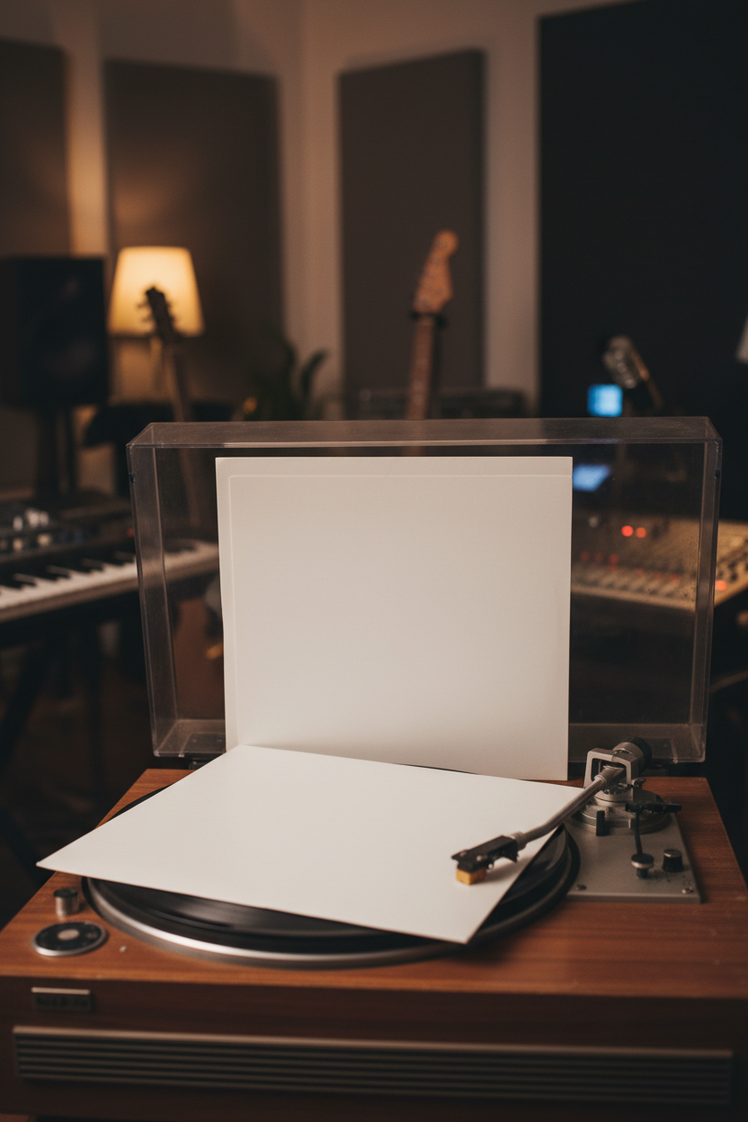 빈 바이닐 레코드 앨범 커버와 속지가 흐릿한 음악 스튜디오 배경의 빈티지 턴테이블에 놓여 있습니다.