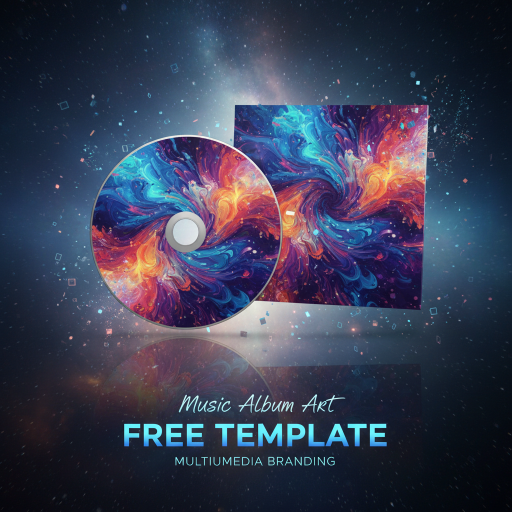 디스크가 포함된 CD/DVD 커버 목업, 생생한 추상 예술 작품이 디지털 입자와 함께 공간에 떠 있음.