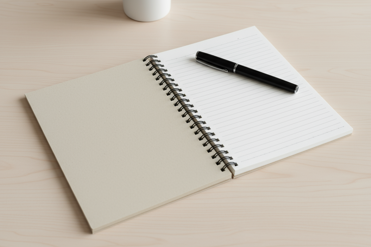 미니멀한 책상 위에 놓인 스프링 노트와 펜 목업 이미지.