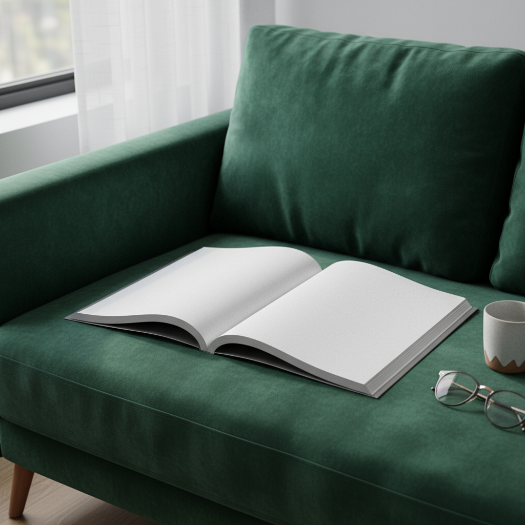 벨벳 소파에 놓인 빈 페이지의 열린 잡지 목업.