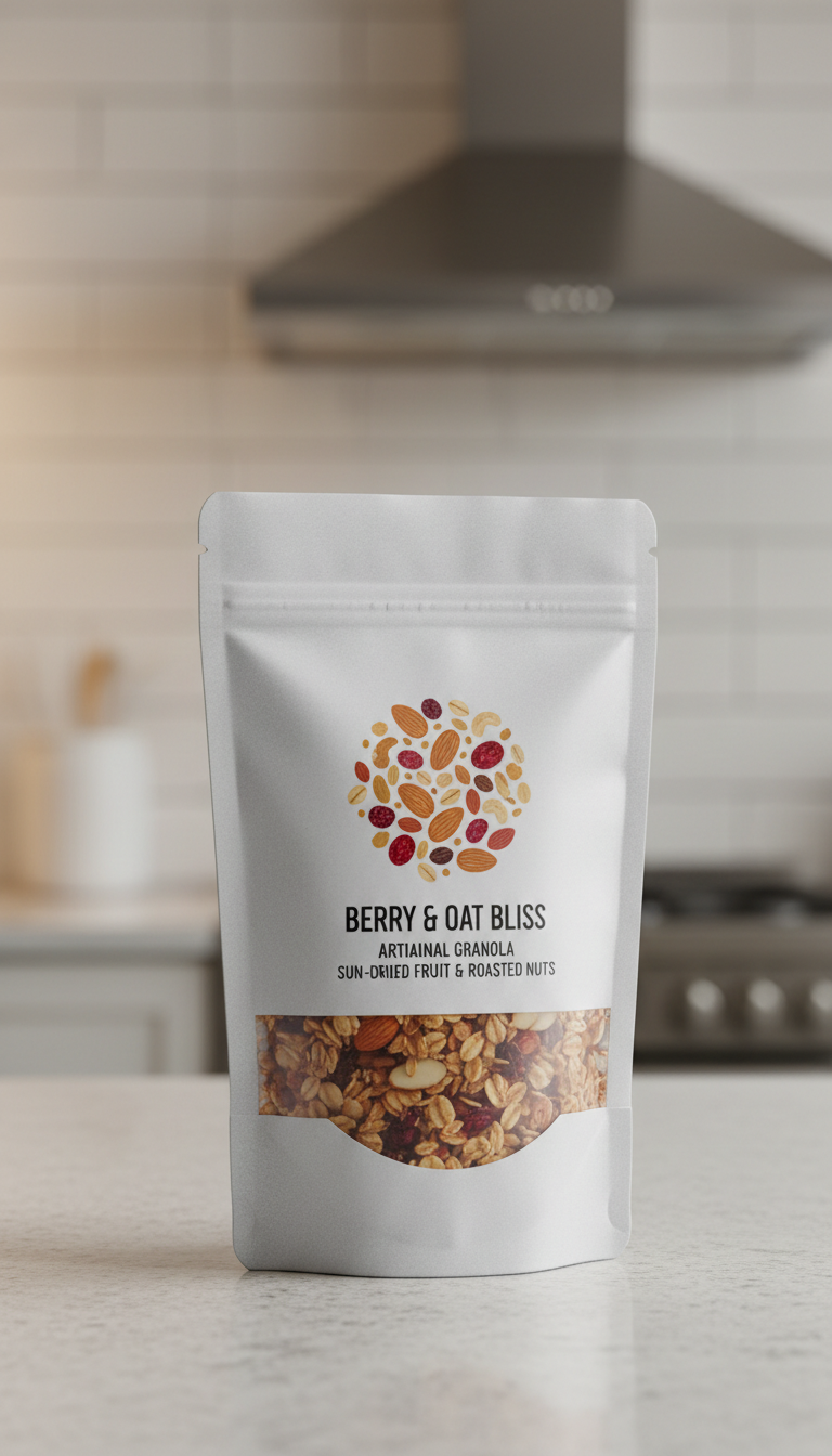 주방 카운터에 세워진 식품 포장 파우치 목업 이미지.