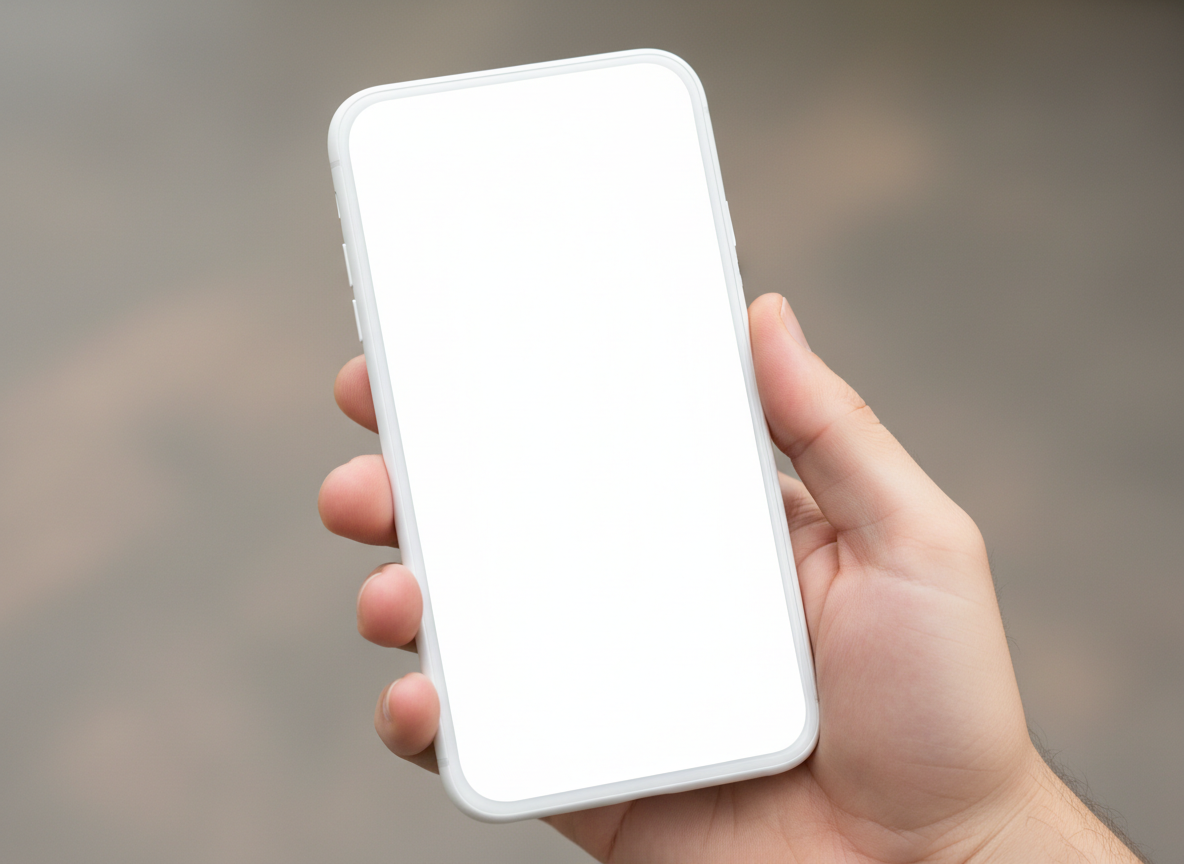 빈 화면이 있는 흰색 스마트폰을 손으로 들고 있는 모습.
