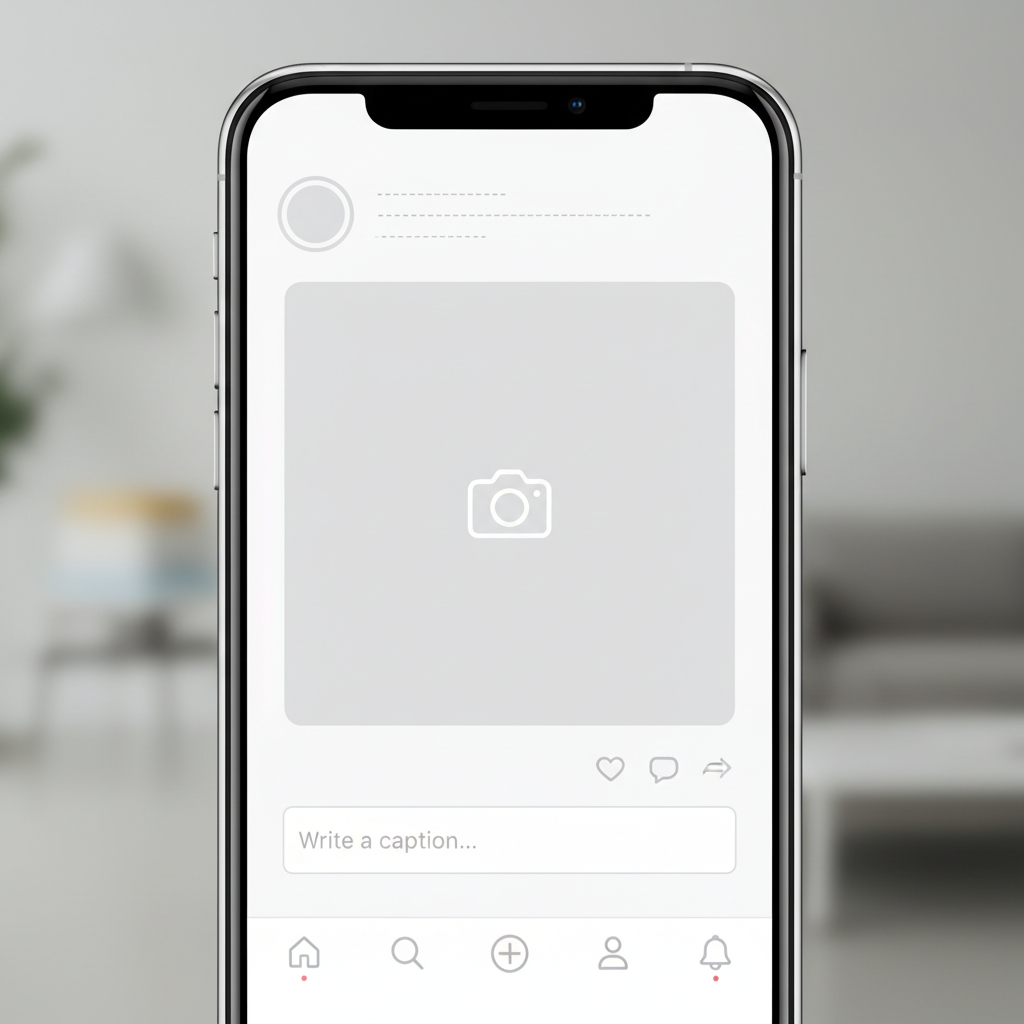 스마트폰 화면에 빈 소셜 미디어 게시물 템플릿이 표시됩니다. 디지털 콘텐츠 미리보기에 적합합니다.