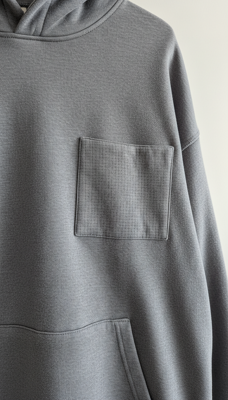 고품질 후드티의 가슴 부분이 확대되어 비어 있습니다. 자수 로고를 위한 것으로 미니멀한 배경에 있습니다.