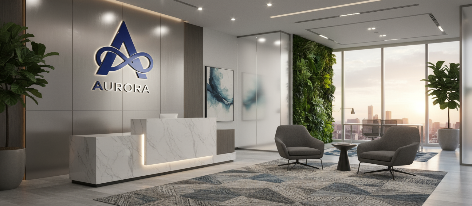 기업 사무실 벽에 있는 브랜드 아이덴티티 로고 목업 이미지.