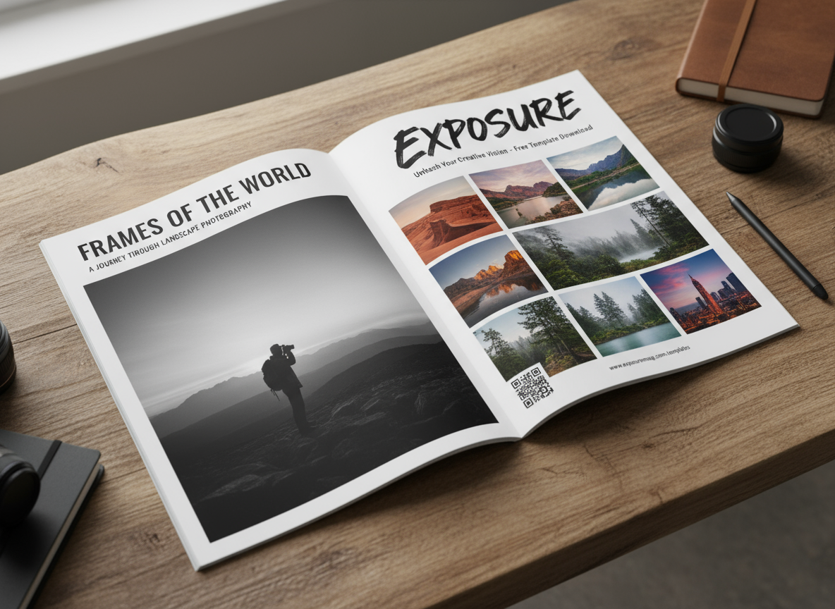 두 페이지가 펼쳐진 잡지 지면 목업, 고급 사진에 초점을 맞추어 나무 테이블에 전시.