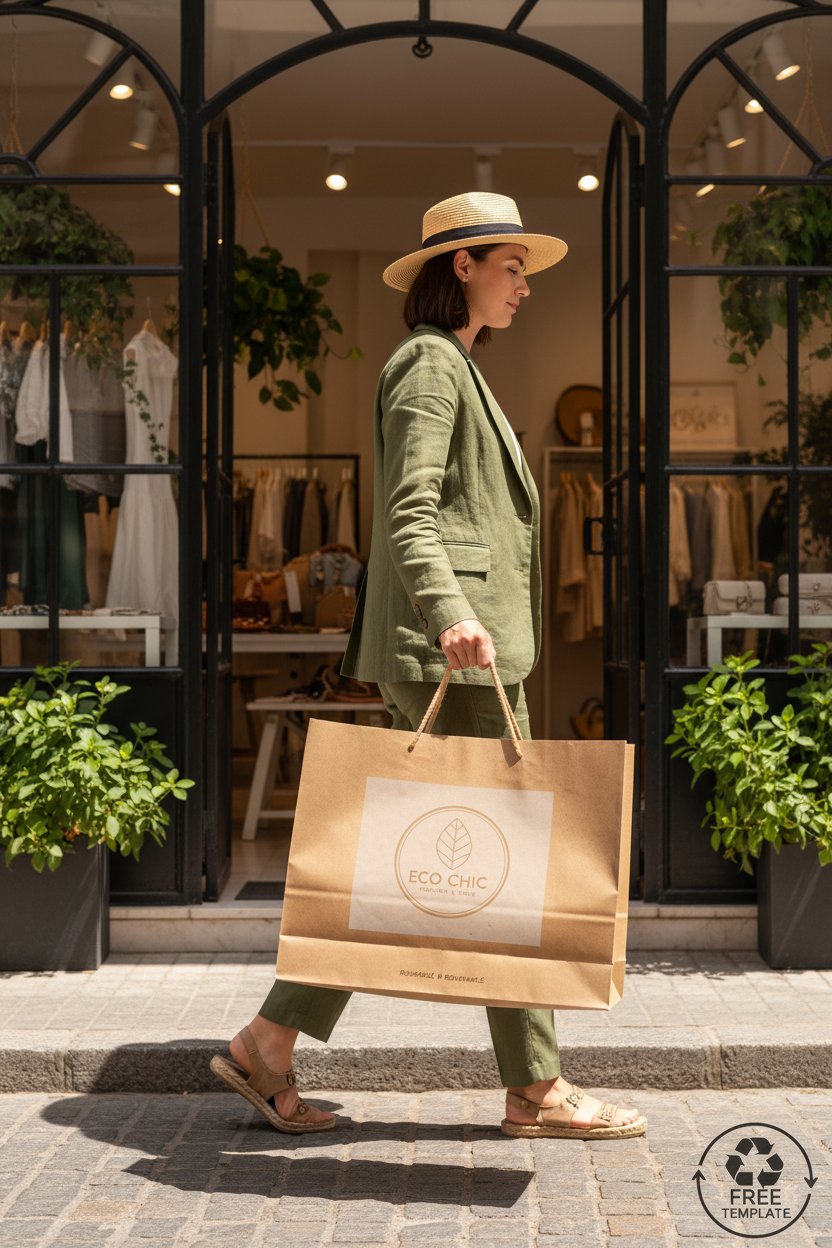 부티크에서 나오는 사람이 들고 있는 재활용 종이 쇼핑백 목업.