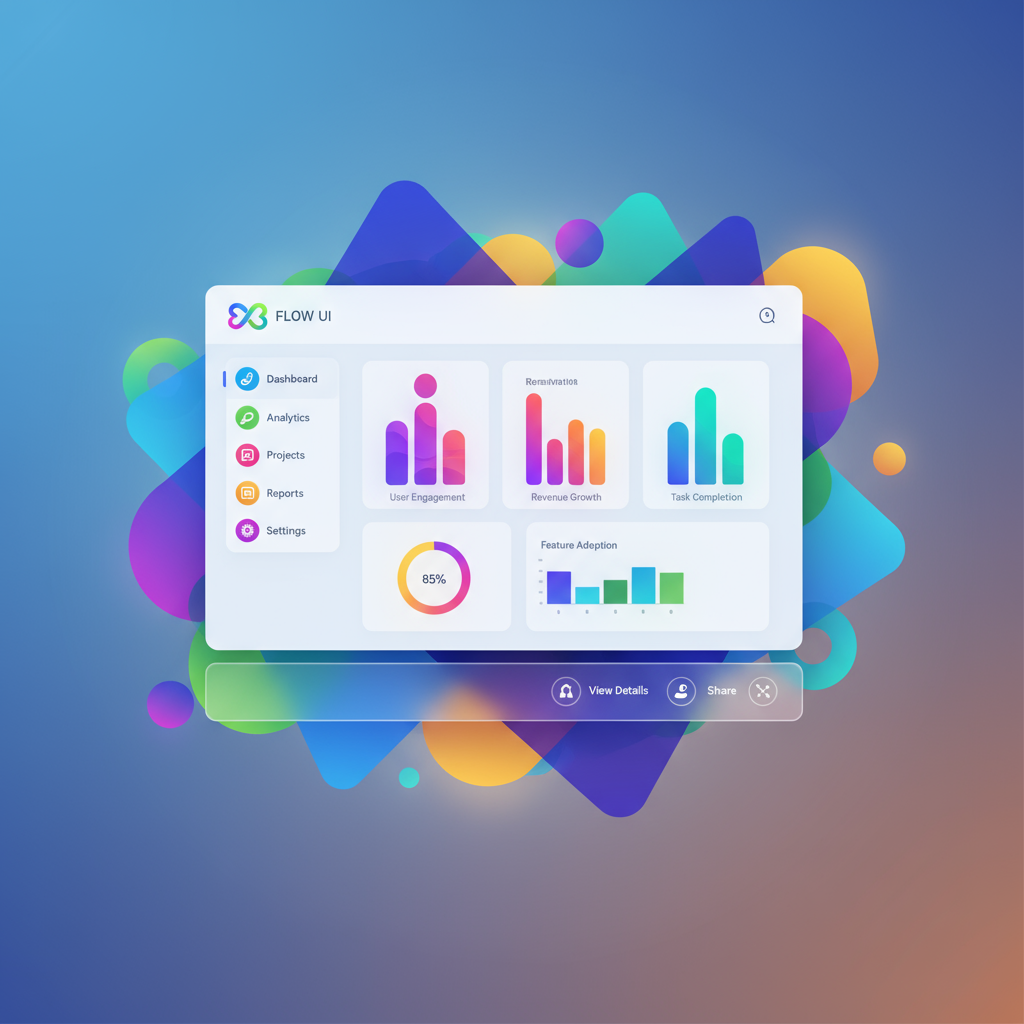 스타일리시하고 추상적인 그래픽 UI 내에 있는 소프트웨어 스크린샷 목업 이미지.
