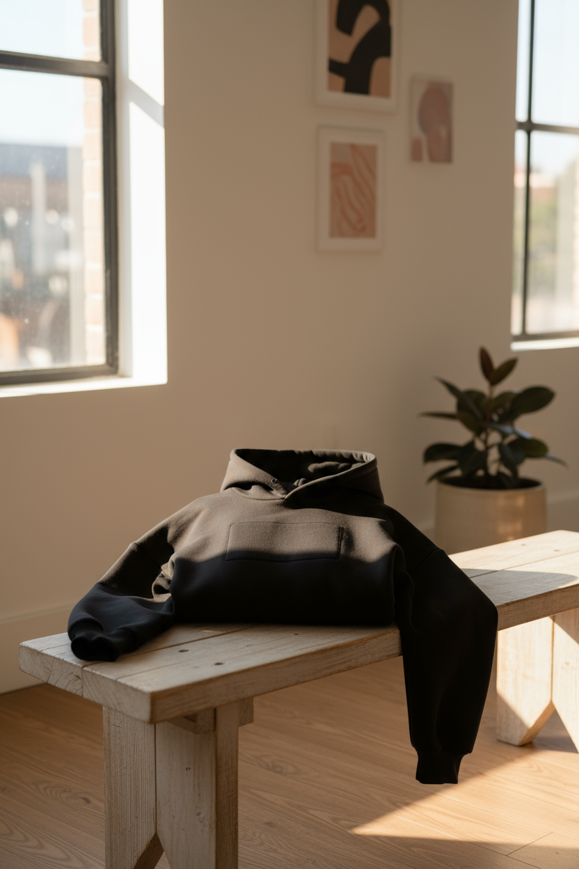 햇볕이 잘 드는 방의 나무 벤치에 깔끔하게 접혀 있는 검은색 후드티 목업.