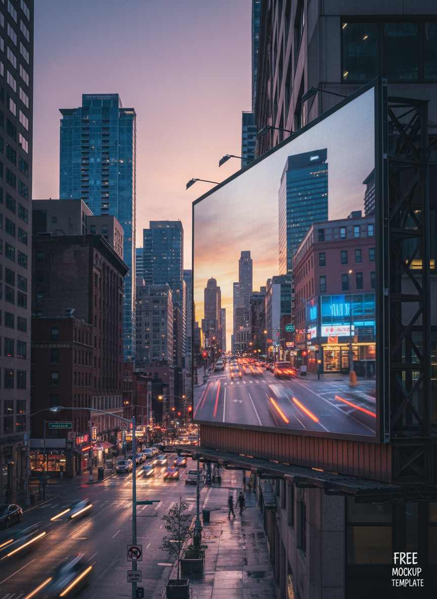 황혼녘 도시 거리의 옥외 광고판 목업, 주변 도시 조명을 반사.